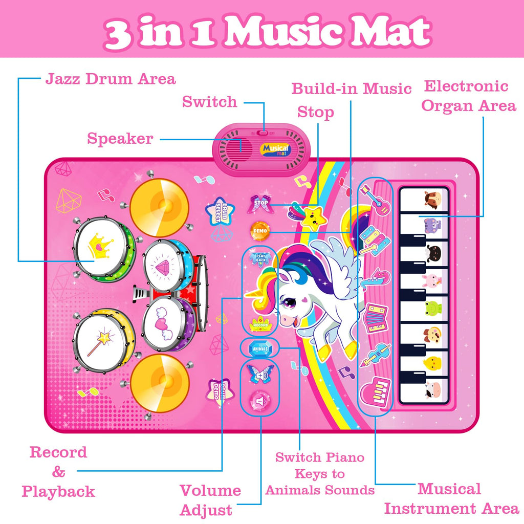 Toys for 1 Year Old Girl Gifts: 3 in 1 Baby Musical Mat Toddler Toy Age 1-2 | Piano Drum Animal Touch Unicorn Toys - Infant Music Toy 12-18 Months Babies Birthday Gifts for 1 2 3 Year Old Boys Girls