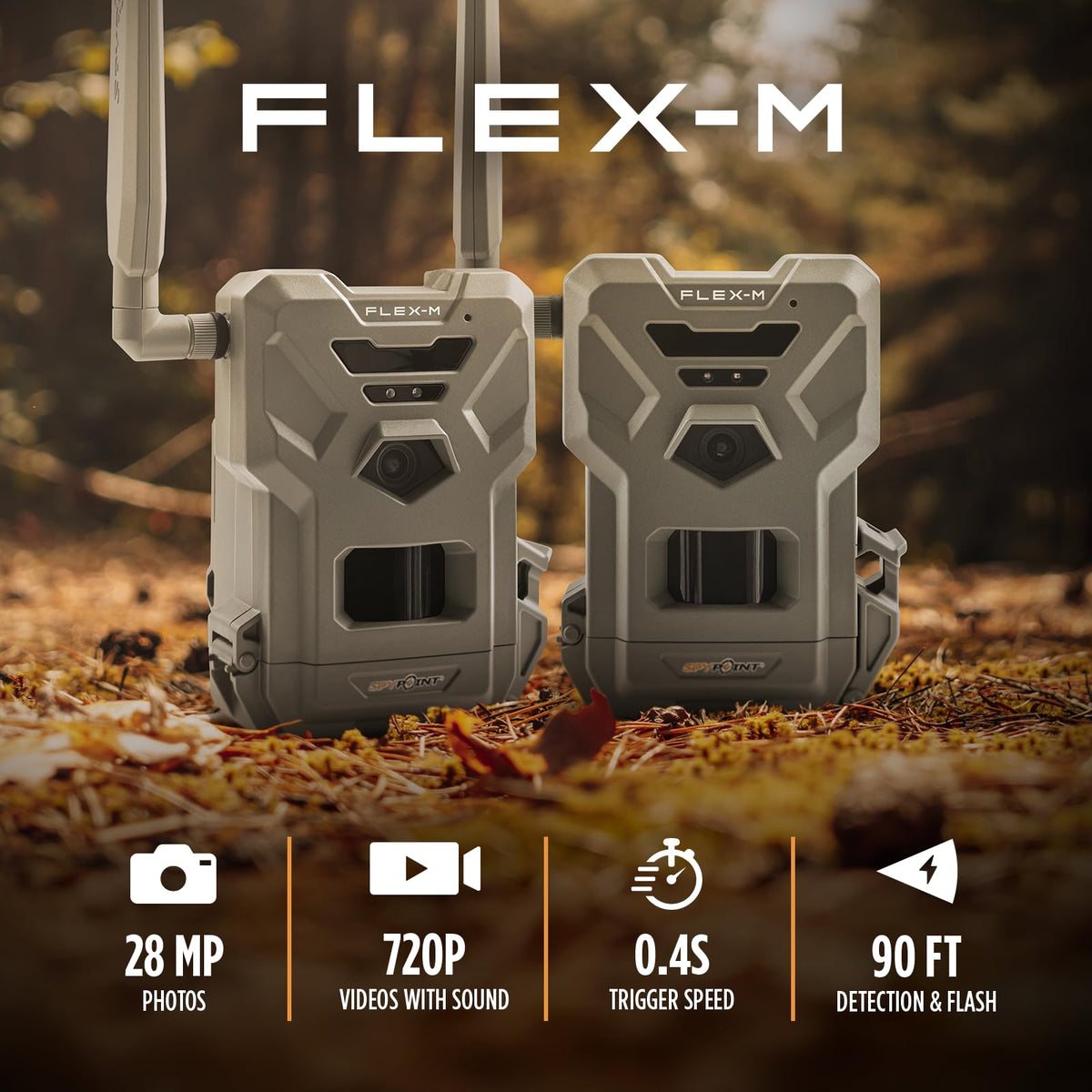 SPYPOINT Flex-M Twin, Cellular Trail Camera, Night Vision, Free Photo Plan | Auto Multi Cell-Network, LTE, GPS, Waterproof, 0.5 Second Trigger, 28MP Photo, 720p Video+ Sound, 90Ft Motion Dection & Flash