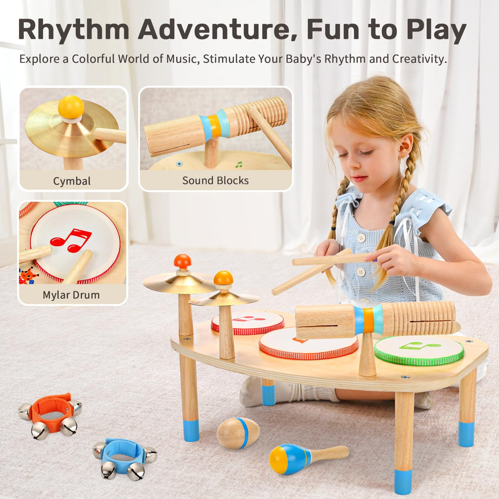 Wingyz Kids Drum Set, 11-in-1 Wooden Musical Instruments for Toddlers | Low-noise Montessori Music Toys with Drums, Cymbals, Maracas and Wrist Bells for Rhythm play,1st birthday gifts