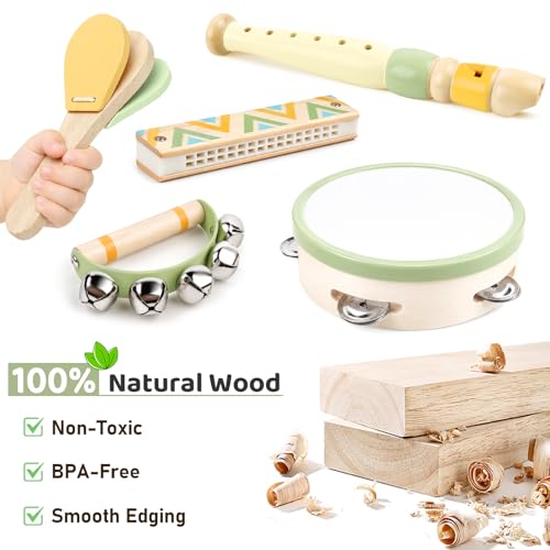 Kids Guitar Set - 8 in 1 Toddler Montessori Musical Instruments | Wooden Baby Ukulele Xylophone Tambourine Maracas Flute, Toy Guitar for Toddler, Mini Guitar Set Toddler Gifts for 2 year
