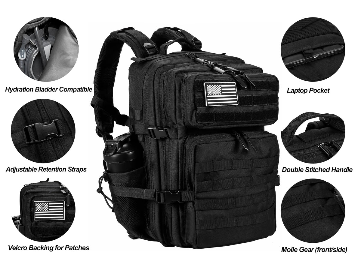 LHI Military Tactical Backpack for Men and Women 45L Army 3 Days Assault Pack Bag Large Rucksack with Molle System Black