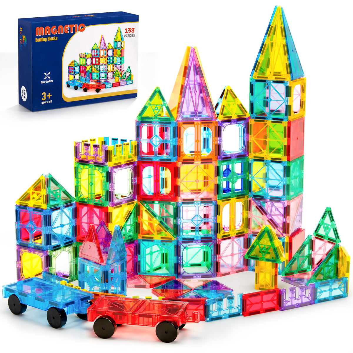Ryoichi 138PCS Magnetic Tiles Set with 2 Cars for Kids Ages 3-9+ Years | STEM Educational Construction Building Blocks & Montessori Learning Toys