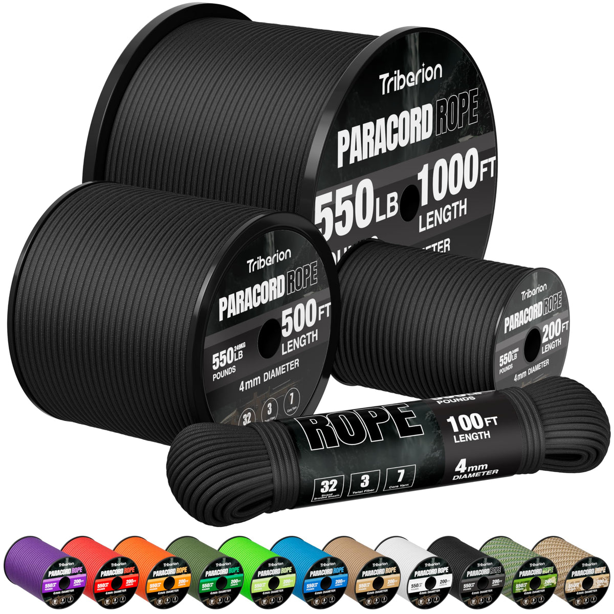 Paracord Rope 550 lb - 100ft 5/32" Parachute Cord 4MM 7-Strand para Cord - Heavy Duty Spool String for Survival,Camping Gear, Survival Bracelet, Clothesline - Black