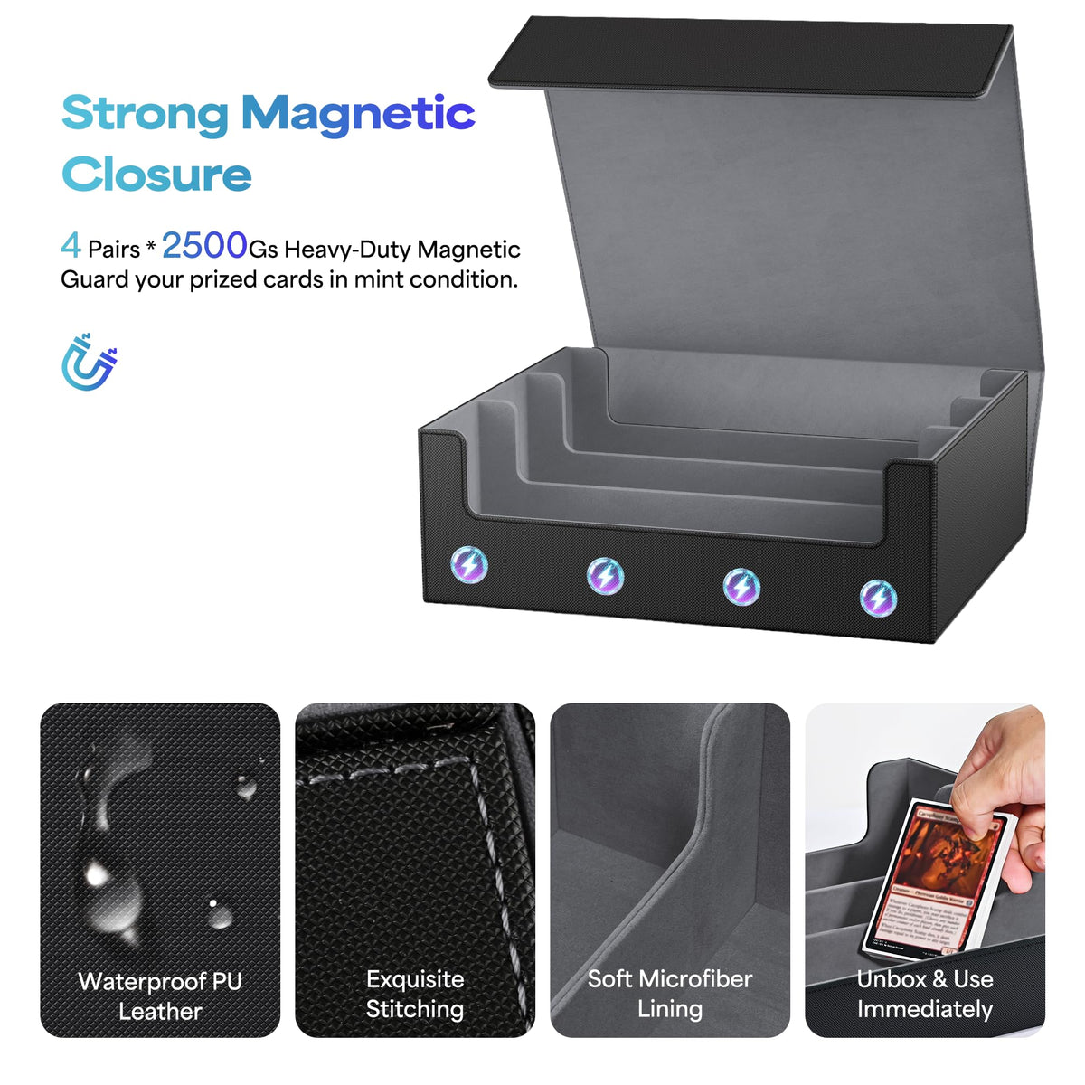 UAONO Trading Card Storage Box Holds 2400+ Cards, Bulk Card Storage | Magnetic Closure PU Leather Card Organizer with 10 Dividers & 3 Stoppers for MTG, PTCG, TCG, Sports Cards (Black)