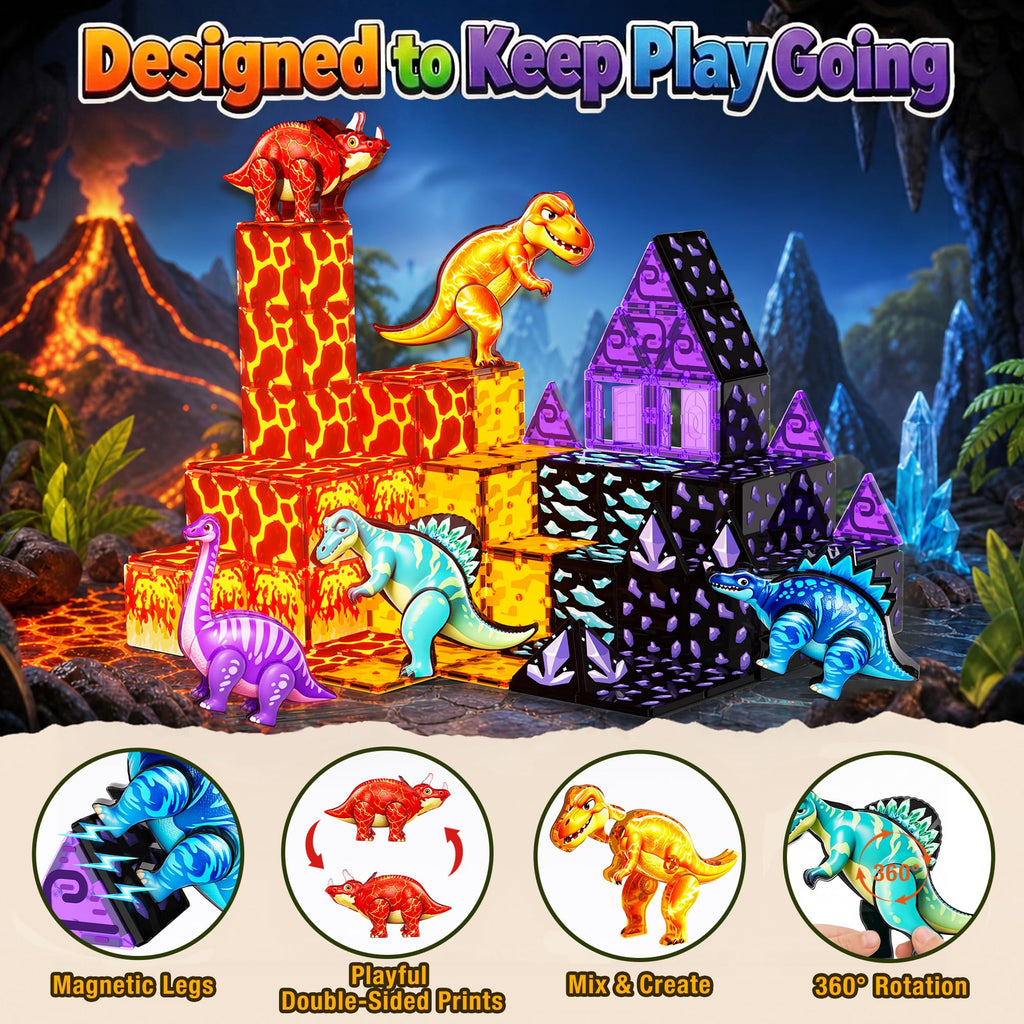 Dinosaur Toys Magnetic Tiles, 5 Movable Lava Dinosaur Toys for Kids 3-5 5-7 | 3 4 5 Year Old Boy Birthday Gift for Dinosaurs Lovers, STEM Educational Magnetic Blocks for Girls Boys Toy Age 4-6 6-8