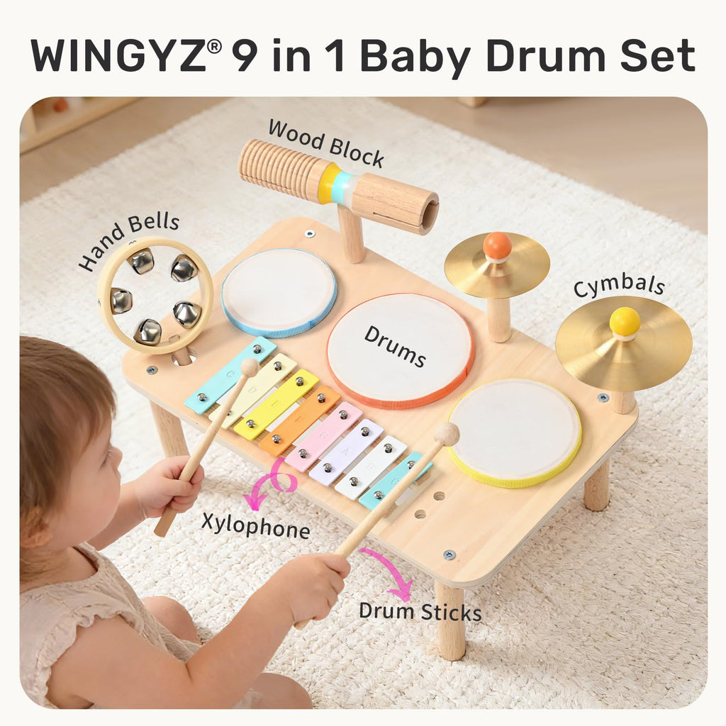 WINGYZ Kids Drum Set, 9-in-1 Montessori Toys | Wooden Musical Instruments for Toddlers, Baby Musical Toys with Drums, Xylophone, Helps Hand-Eye Coordination