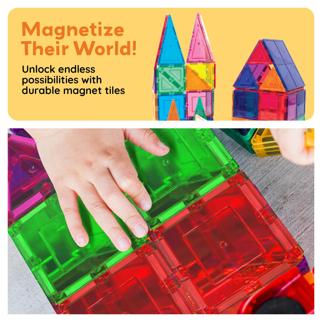 PicassoTiles 100 Piece Magnetic Tiles, Clear 3D Building Blocks for Kids 3+ | No-limit scalable builds, hands-on magnet polarity fun, family group play, quick assemble & store, shape & color recognition