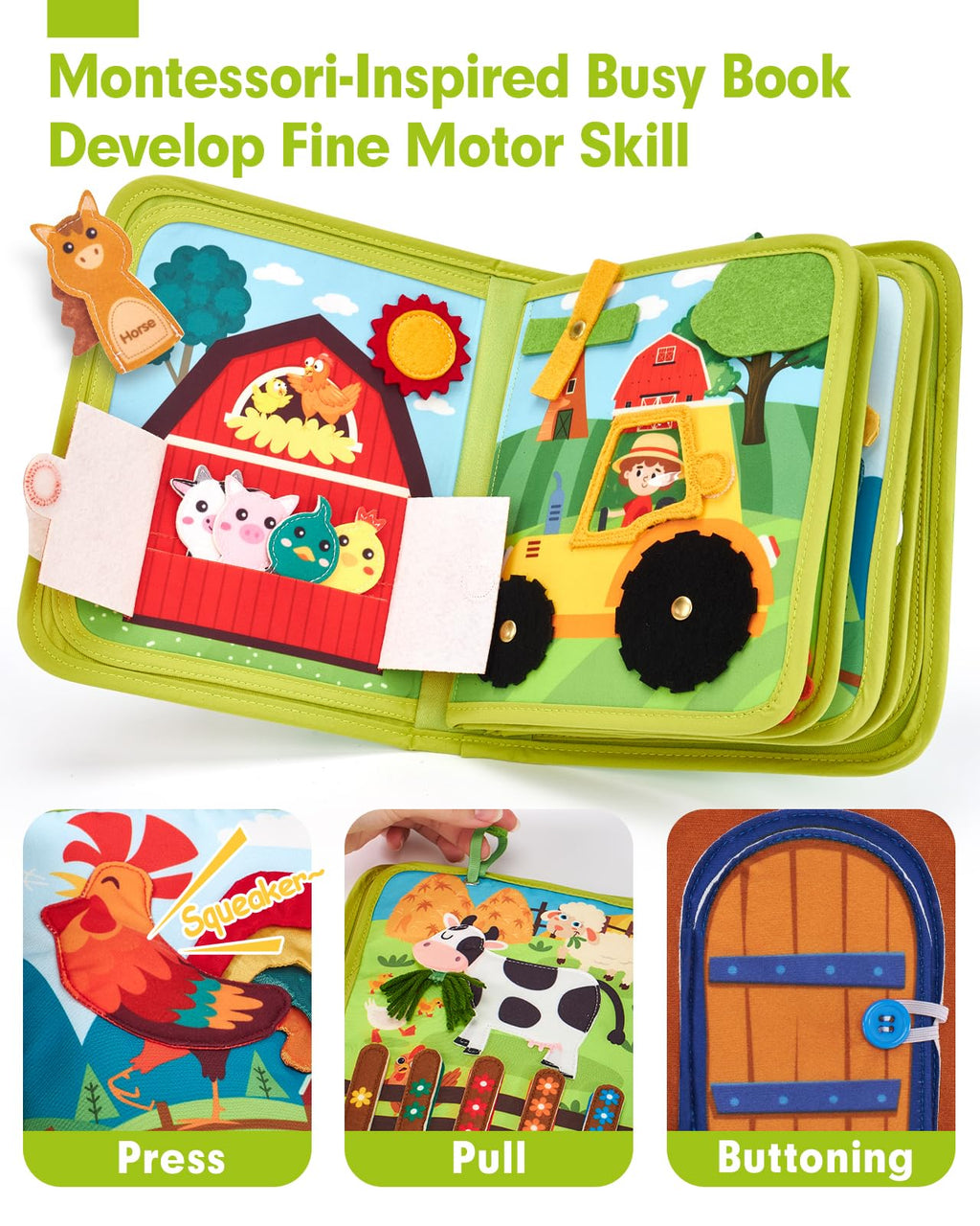 hahaland Busy Book for Toddlers 1-3 - Montessori Toys 1 Year Old Busy Board | 1 Year Old Boy Gifts Educational Quiet Activity Books 10 Pages, Toddler Christmas Stocking Stuffers One Year Old Travel Toys