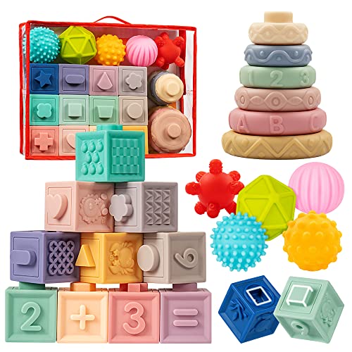 Jyusmile Baby Toys 6-12 Months, Montessori Toy for Babies 6-12 Months, Incl Stacking Building Blocks & Soft Infant Teething Toys & Sensory Balls for Toddlers 0-3-6-9-12 Month