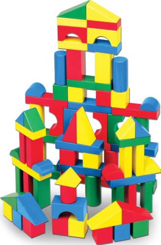 Melissa & Doug 100 Wooden Building Blocks with Storage Box | 100 Pieces, Wooden Blocks In 4 Colors & 9 Shapes, Montessori Toys, Construction Play, Toddler Learning Toys for Kids, Ages 2+