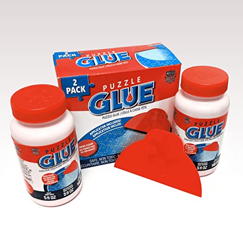 MasterPieces – Puzzle Glue with Wide Plastic Spreader, Easy to Apply, Dries Quick and Clear, Protects Finished Jigsaw Puzzles, Water-Soluble, 2 Pack, 5 oz Each