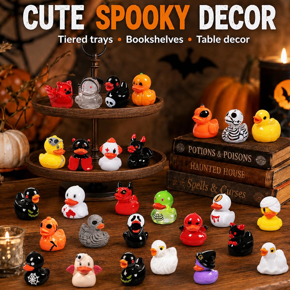 DULEFUN 61Pcs Halloween Mini Resin Duck Figures Halloween Party Favors Gift | Cute Small Little Duckies Statues Bulk Set for Office Desk Tiered Tray Decor Halloween Party Supplies Decoration