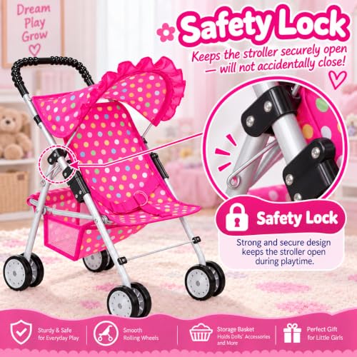 My First Baby Doll Stroller for Kids – Foldable Toy Stroller for 18 Inch Dolls with Storage Basket, Double Wheels & Canopy – Pretend Play Toy Stroller