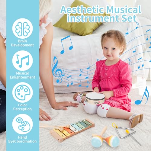 Kids Musical Instruments Set Wooden Montessori Toys for Boys and Girls | musical toy for kids 18 month+, xylophone tambourine set for kids preschool educational, Christmas birthday gift