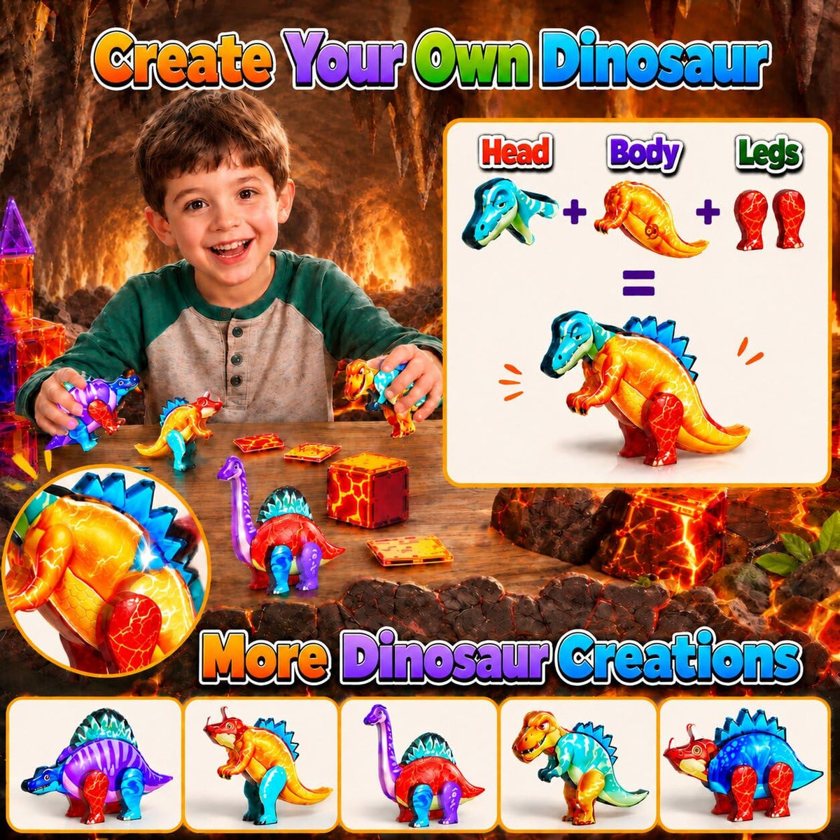 Dinosaur Toys Magnetic Tiles, 5 Movable Lava Dinosaur Toys for Kids 3-5 5-7 | 3 4 5 Year Old Boy Birthday Gift for Dinosaurs Lovers, STEM Educational Magnetic Blocks for Girls Boys Toy Age 4-6 6-8